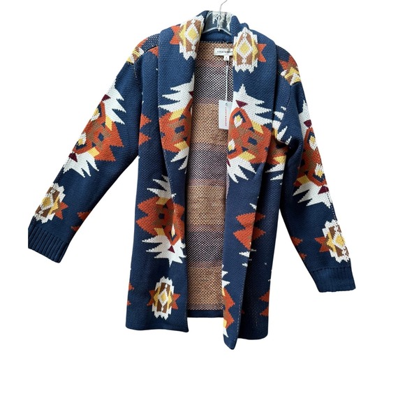NWT Lucky Brand Southwestern Aztec Cardigan Sweater Navy Coatigan Medium NEW - Picture 2 of 11